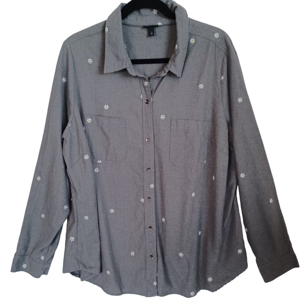 Torrid Shirt Daisy Embroidered Button Front Gray Cotton Taylor Womens 2X - Picture 11 of 12